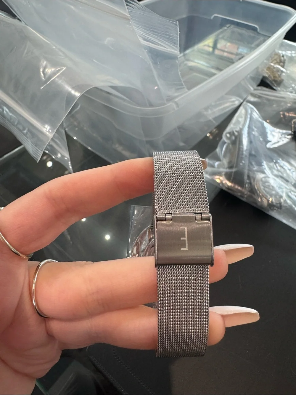Ecclissi Facet Minimalist Stainless Steel Mesh Watch with Striped Dial